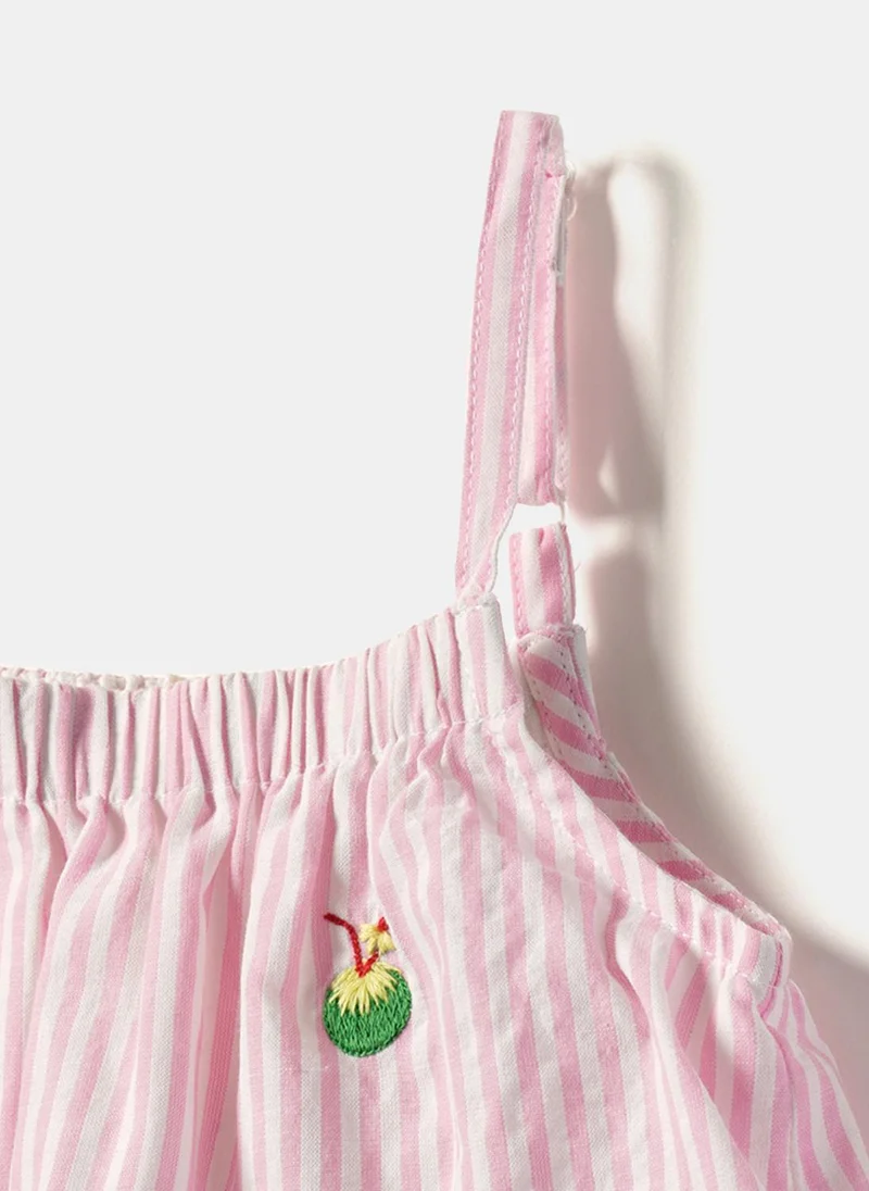 Nautinati  Girls' 100% Cotton Summer-theme Sunglass, Watermelon, Pineapple & Coconut Embroidered Striped, Layered Jumpsuit with Waist Tie-up for Women | Best Price UAE